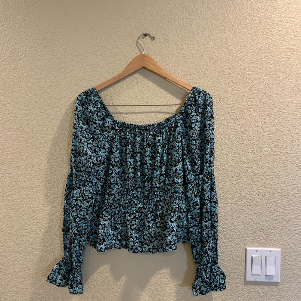SO Blue Smocked Ruffled Blouse